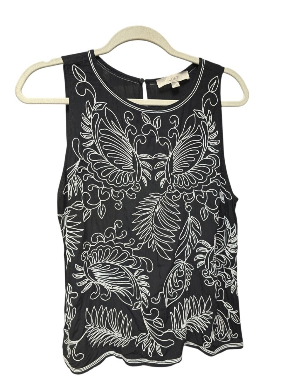 LOFT Black Sleeveless Tank with White Embroidered Botanical Motif Sz. L
